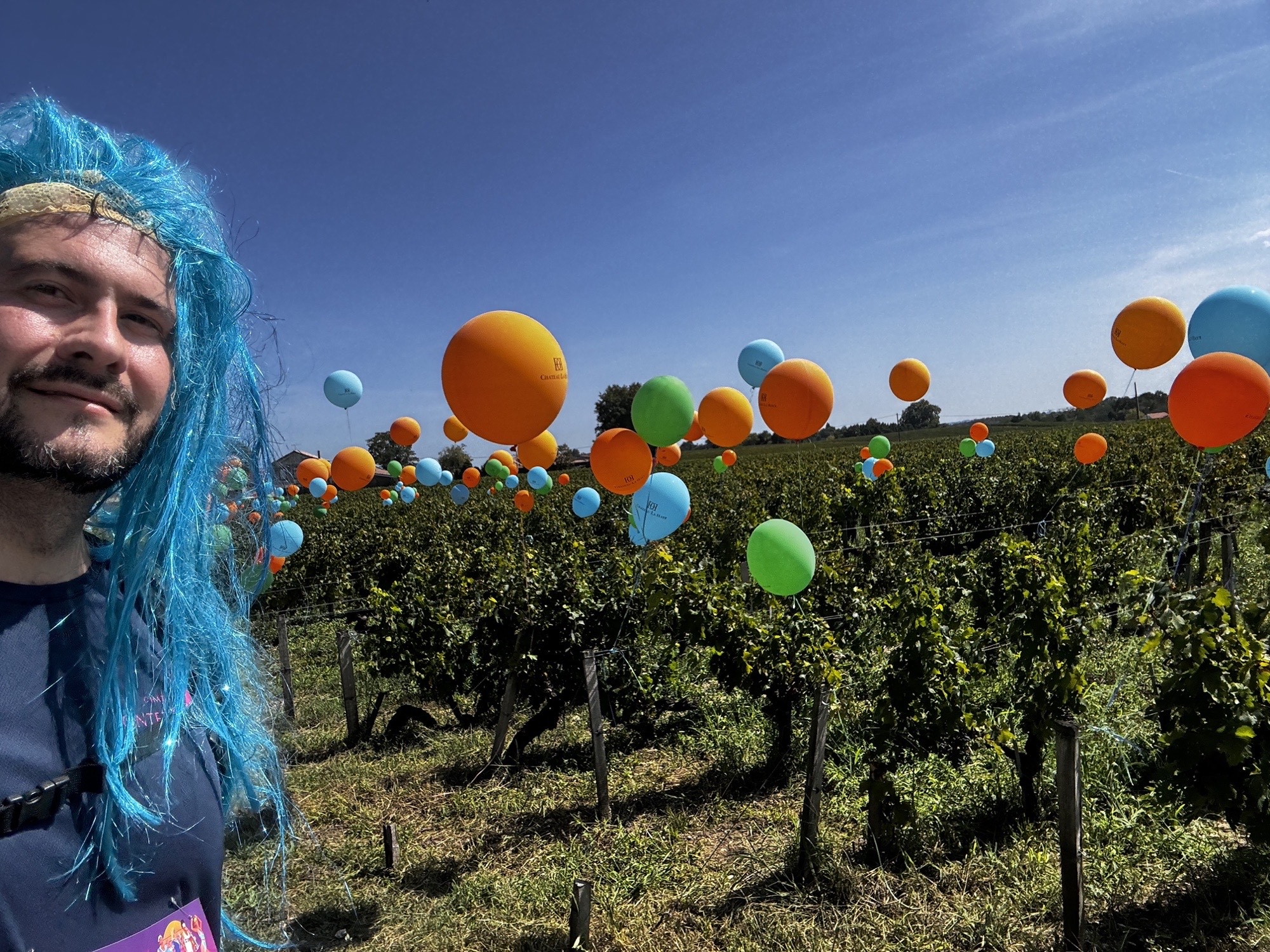 Xavier Lacombe en perruque bleue dans les vignes décorées de ballons de couleur